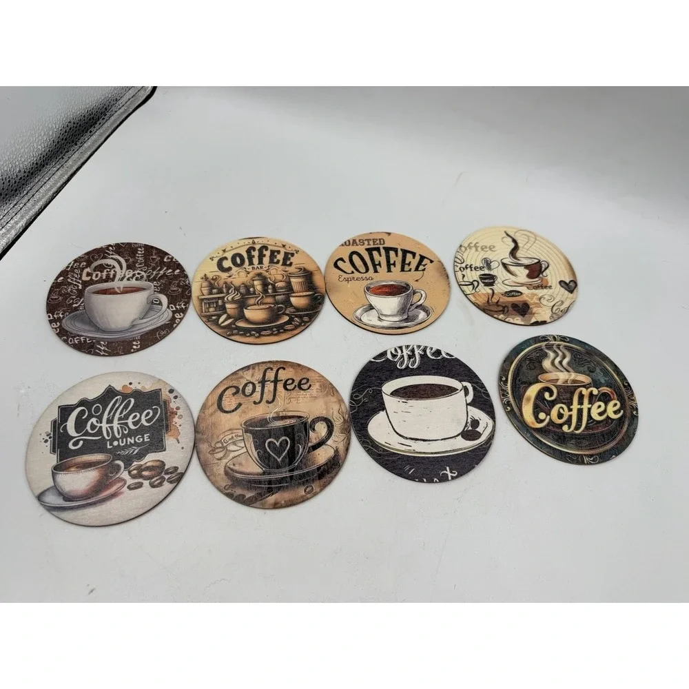 Set Of 8 Wooden Painted Coffee Themed Coasters NEW Natural Wood